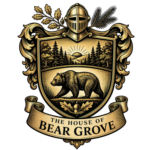 Decorative emblem with a bear and forest scene, featuring 'The House of Bear Grove' text.
